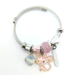   Ezüstszínű nemesacél pandora jellegű karperec cica charmmal