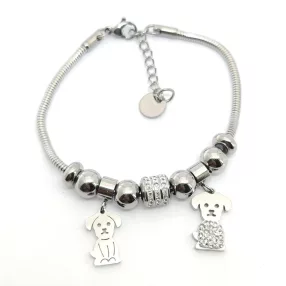   Ezüstszínű nemesacél pandora jellegű karkötő kutyus charmokkal