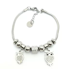   Ezüstszínű nemesacél pandora jellegű karkötő bagoly charmokkal
