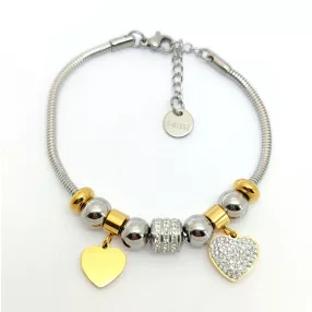   Arany-ezüstszínű nemesacél pandora jellegű karkötő szív charmokkal