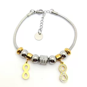   Arany-ezüstszínű nemesacél pandora jellegű karkötő végtelen jel charmokkal