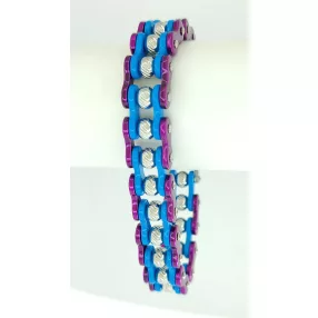 Ezüst-lila-kék színű nemesacél motorlánc karkötő