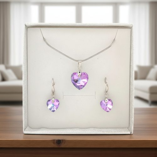 Lila szív Swarovski kristályos antiallergén ékszer szett 