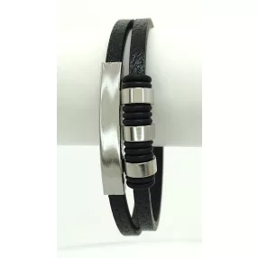 Fekete bőr karkötő nemesacél gravírozható betéttel