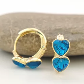   Aranysárga színű antiallergén fülbevaló királykék szív Swarovski kristállyal
