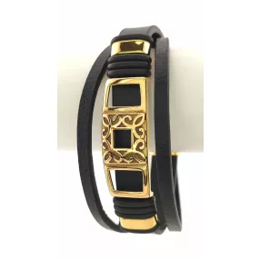 Fekete bőr karkötő aranyszínű nemesacél díszítéssel