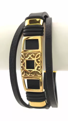 Fekete bőr karkötő aranyszínű nemesacél díszítéssel