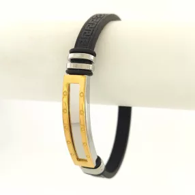   Fekete bőr karkötő arany-ezüstszínű nemesacél díszítéssel