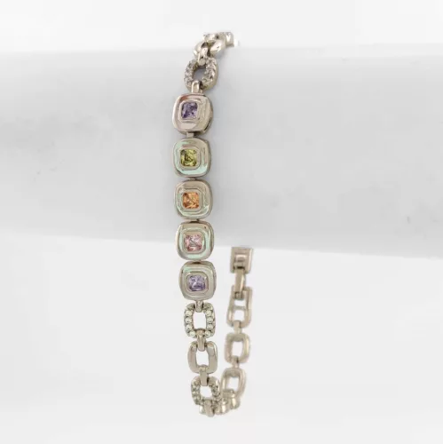 Ezüstszínű antiallergén karkötő színes kristályokkal