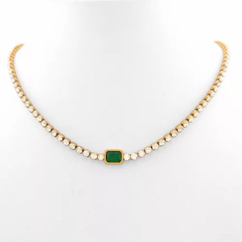 Aranyszínű nemesacél nyaklánc smaragdzöld és fehér kristályokkal