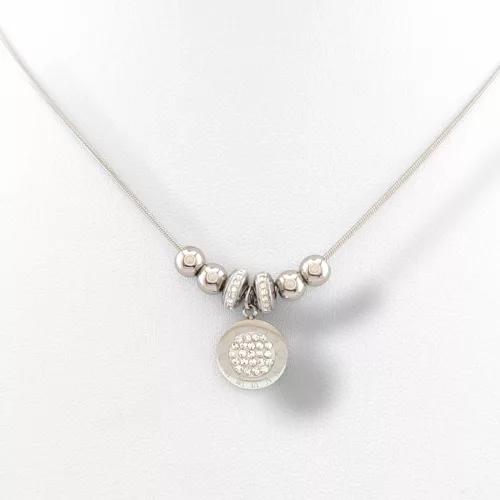 Ezüstszínű nemesacél nyaklánc fehér kristályos medállal