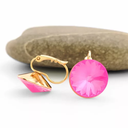 Rózsaszín Swarovski kristállyal díszített aranyszínű antiallergén fülbevaló