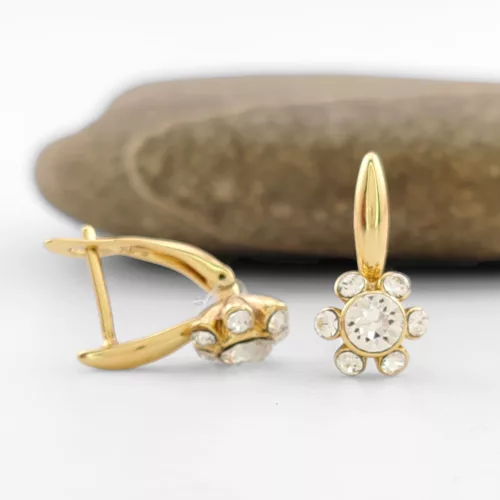 Aranysárga színű antiallergén virág fülbevaló fehér Swarovski kristályokkal