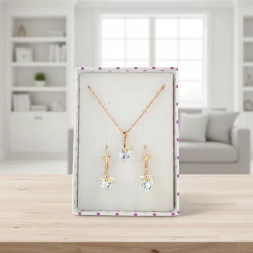 Fehér Swarovski szív kristályos aranyszínű antiallergén ékszer szett