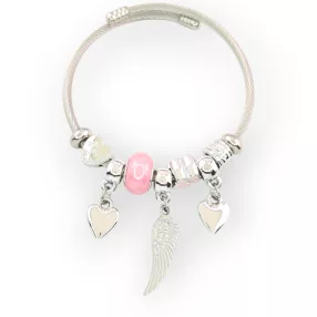   Ezüstszínű nemesacél pandora jellegű karperec szív és angyalszárny charmokkal