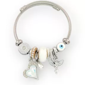  Ezüstszínű nemesacél pandora jellegű karperec szív és angyalka charmokkal