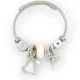 Ezüstszínű nemesacél pandora jellegű karperec szív és angyalka charmokkal