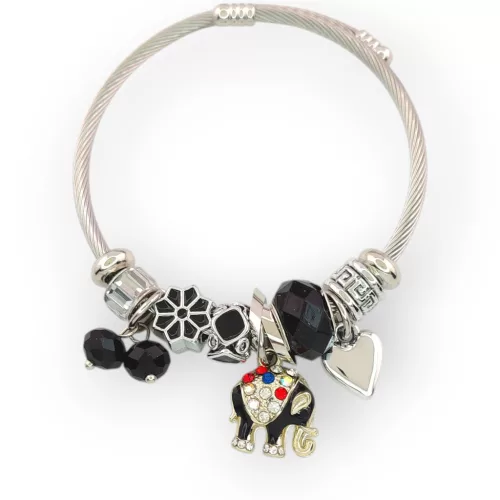 Ezüstszínű nemesacél pandora jellegű karperec szerencse elefánt charmmal