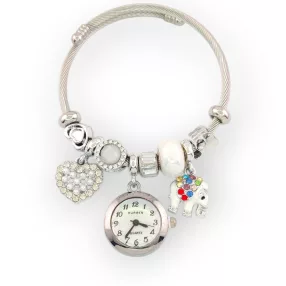   Ezüstszínű nemesacél pandora jellegű karperec szerencse elefánt és szív charmokkal