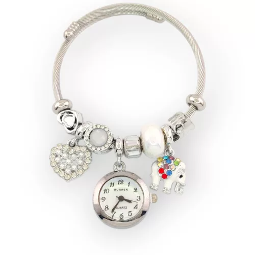 Ezüstszínű nemesacél pandora jellegű karperec szerencse elefánt és szív charmokkal