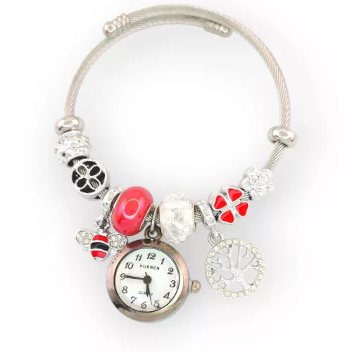 Ezüstszínű nemesacél pandora jellegű karperec életfa és méhecske charmokkal