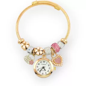   Aranyszínű nemesacél pandora jellegű karperec lakat és szív charmokkal