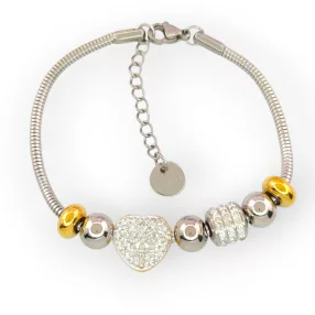  Arany-ezüstszínű nemesacél pandora jellegű karkötő szív charmmal