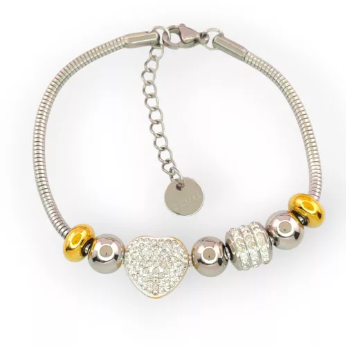 Arany-ezüstszínű nemesacél pandora jellegű karkötő szív charmmal