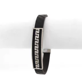   Fekete bőr karkötő görög mintás nemesacél díszítéssel