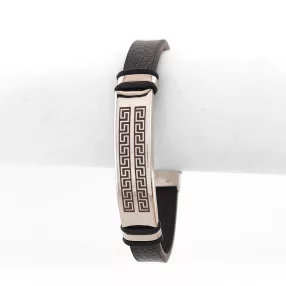   Fekete bőr karkötő görög mintás nemesacél díszítéssel