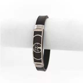 Fekete bőr karkötő nemesacél életfa díszítéssel