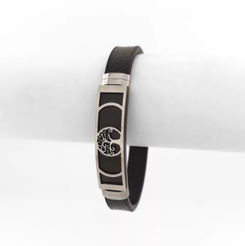 Fekete bőr karkötő nemesacél életfa díszítéssel