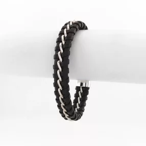 Fekete bőr karkötő nemesacél díszítéssel