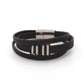 Fekete bőr karkötő nemesacél díszítéssel