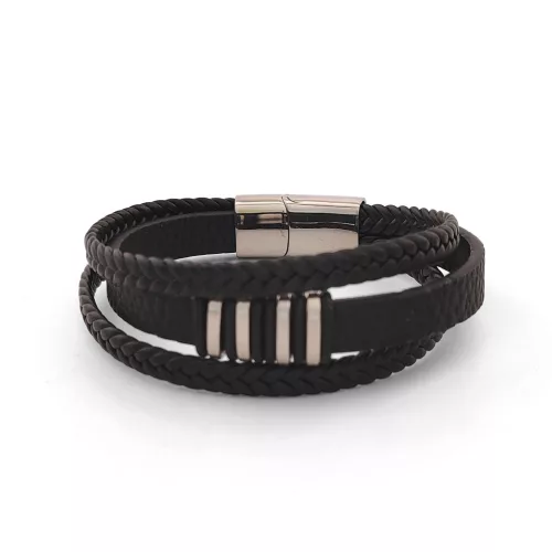 Fekete bőr karkötő nemesacél díszítéssel