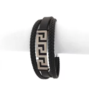   Fekete bőr karkötő nemesacél görög mintás díszítéssel