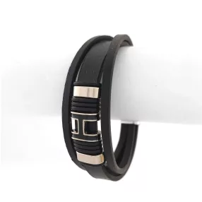 Fekete bőr karkötő nemesacél díszítéssel