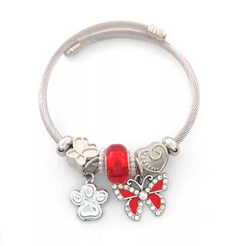 Ezüstszínű nemesacél pandora jellegű karperec pillangó charmokkal