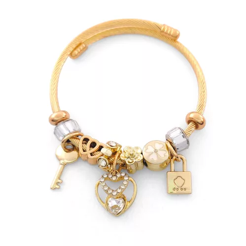 Aranyszínű nemesacél pandora jellegű karperec szív, lakat és kulcs charmokkal