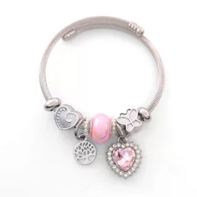   Ezüstszínű nemesacél pandora jellegű karperec életfa és szív charmokkal