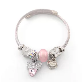   Ezüstszínű nemesacél pandora jellegű karperec szív charmokkal