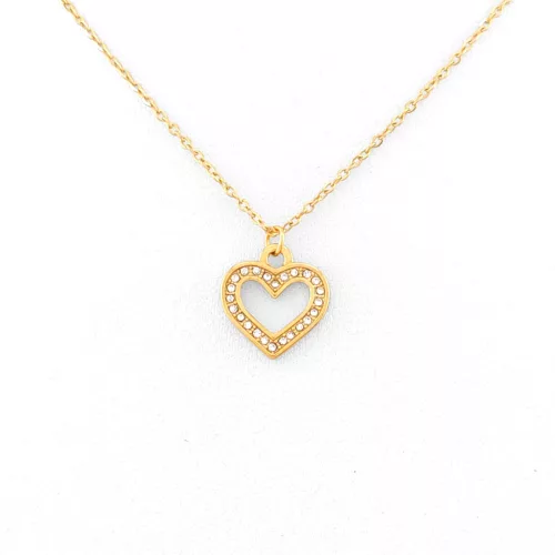 Aranyszínű nemesacél nyaklánc szív medállal és fehér kristályokkal
