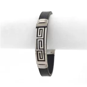   Fekete bőr karkötő görög mintás nemesacél díszítéssel