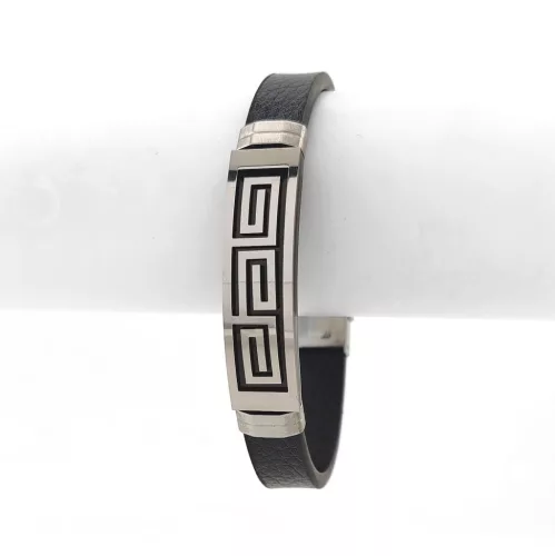 Fekete bőr karkötő görög mintás nemesacél díszítéssel