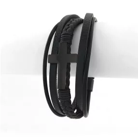 Fekete bőr karkötő kereszt díszítéssel