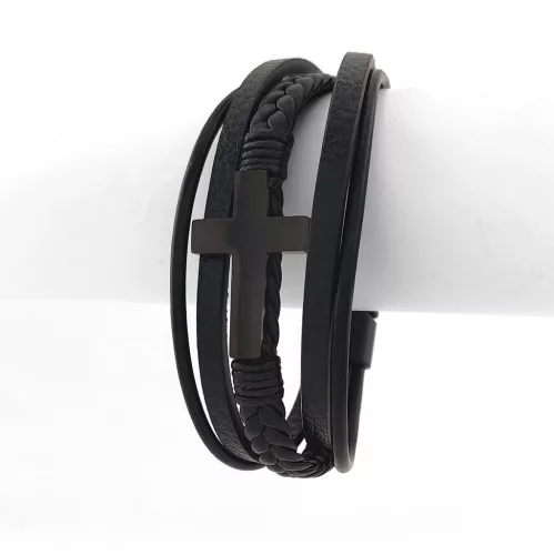 Fekete bőr karkötő kereszt díszítéssel