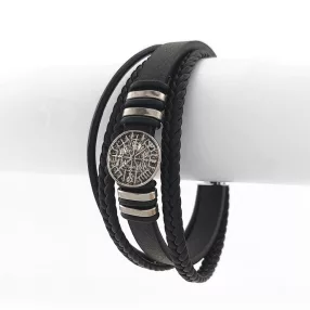 Fekete bőr karkötő viking iránytű díszítéssel