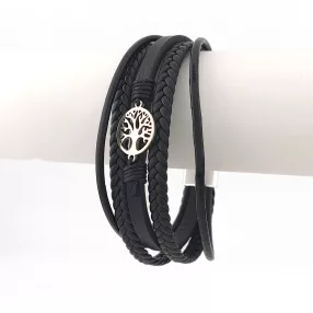 Fekete színű bőr karkötő nemesacél életfa medállal