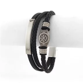   Fekete bőr karkötő nemesacél viking iránytű díszítéssel
