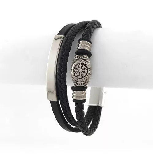 Fekete bőr karkötő nemesacél viking iránytű díszítéssel